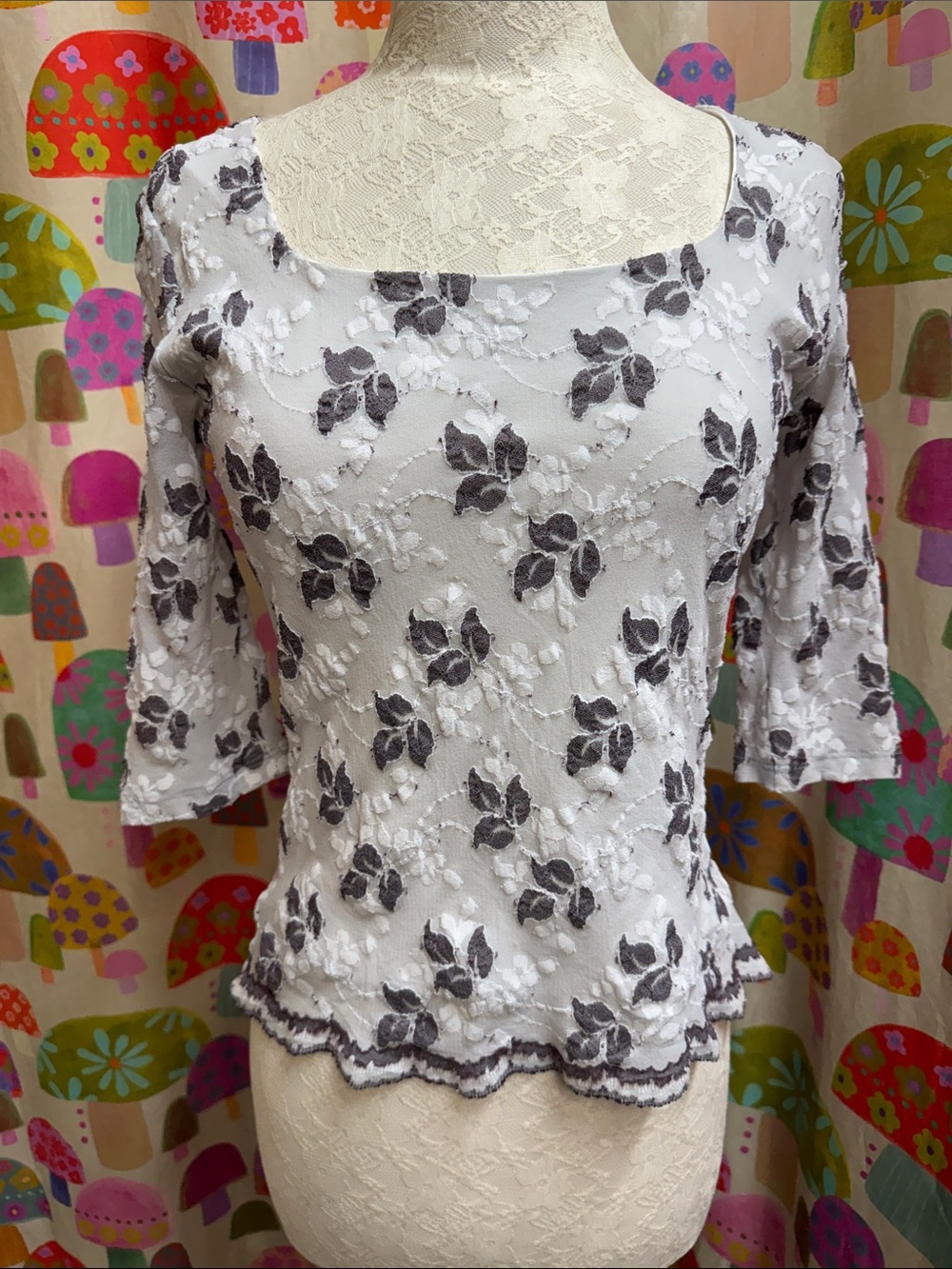 Lux 3/4 Sleeve Stretchy Lace Floral Blouse. Small?